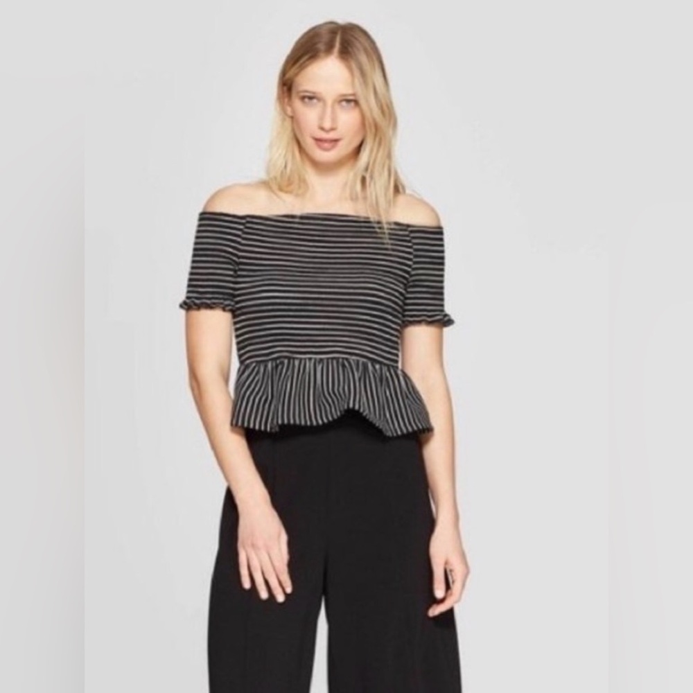 Who What Wear Black and White Striped Off-Shoulder Peplum Top